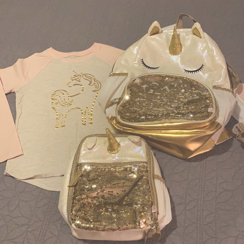 Gold sequence backpack with lunchbox & tee shirt
